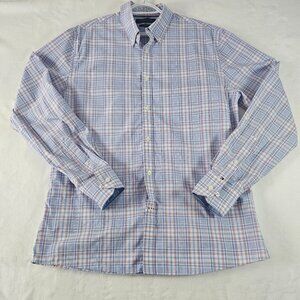 Tommy Hilfiger Shirt Men's Size L 16 34/35 Blue Plaid Wrinkle Free Long Sleeve